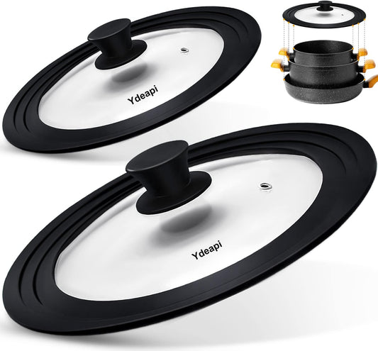 Universal Lids for Pots, Pans & Skillets - Fits 7", 8" & 9" Diameter, 10", 11" & 12" Diameter Cookware, Tempered Glass with High Heat Resistant Silicone Rim (2PK)