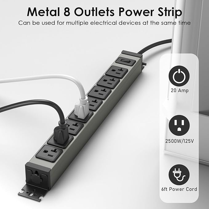 JUNNUJ Heavy Duty Power Strip Wall Mount, 20 Amp Surge Protector 1200J Metal 8 Outlet Under Desk Mounted 20A, Garage Power Bar Table Socket Industrial Outlets 6-20R T-Slot, 6FT 12AWG Extension Cord