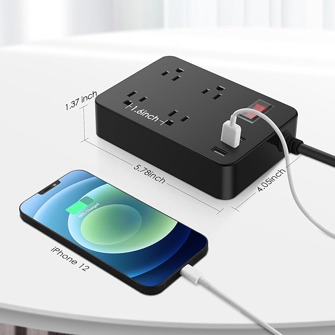 Outdoor Power Strip Weatherproof,Fast Charging Station 20W USB C,Waterproof Surge Protector 4 Outlets, Multi Outlet Extension for Camping, Garden, Kitchen,Bathroom,Flat Plug (Black, 10 FT Cable)