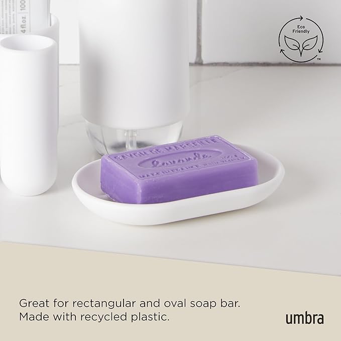 Umbra Touch Dish for Bathroom-Contemporary, Practical Molded Oval Soap Bar Holder for Bath Sink-Nicely Fits Into Amenity Tray-Easy to Clean, Highly Durable, 13 x 9 x 2 cm, White
