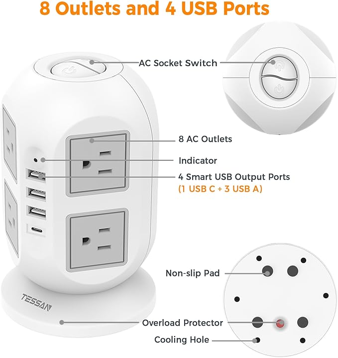 TESSAN Tower Surge Protector Power Strip 10 ft, Long Flat Extension Cord with Multiple Outlets, 8 AC Outlets with 4 USB Ports (1 USB C), Charging Station with Surge Protection, for Home Office Dorm