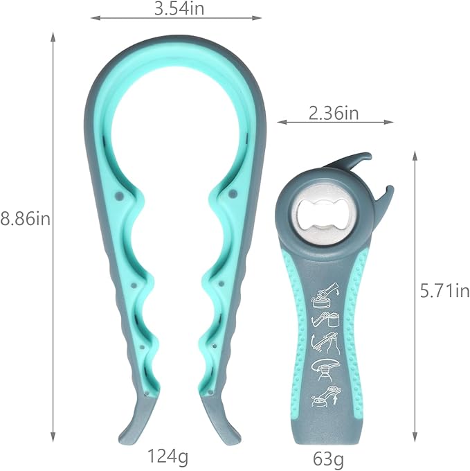 Jar Opener, 5 in 1 Multi Function Can Opener Bottle Opener Kit with Silicone Handle Easy to Use for Children, Elderly and Arthritis Sufferers (JAR-blue2.0)