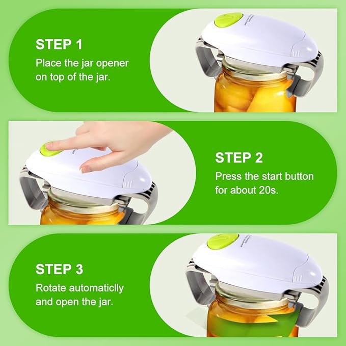 Automatic Jar Opener for Elderly and Arthritis, One-Button Electric Jar Opener for Weak Hands, Fits Most Jars, Ideal Kitchen Aid & Gift
