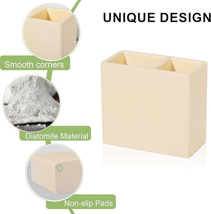 Diatomite Toothbrush Holder 2 Slots Tooth Brush Holder for Bathroom, Kids Electric Toothbrush and Toothpaste Organizer for Countertop, Shower, Vanity, Yellow
