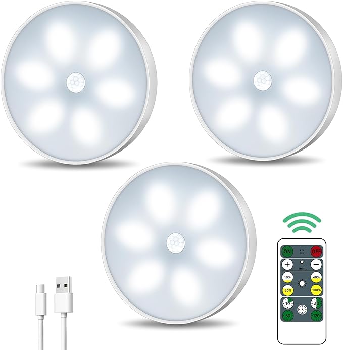 LED Closet Wireless Motion Sensor Step Lights, USB Rechargeable Battery Operated Puck Lights with Remote, Dimmable Under Cabinet Lighting for Counter,Kitchen,Stairs(3 Pack)