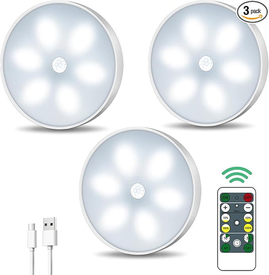 LED Closet Wireless Motion Sensor Step Lights, USB Rechargeable Battery Operated Puck Lights with Remote, Dimmable Under Cabinet Lighting for Counter,Kitchen,Stairs(3 Pack)