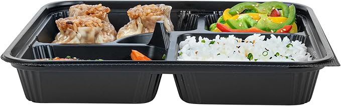 Restaurantware-Bento Tek 39.6 Ounce Meal Prep Containers, 50 Disposable To Go Food Boxes - Lids Sold Separately, 5 Compartments, Black Plastic Bento Lunch Boxes, Microwavable, Freezable