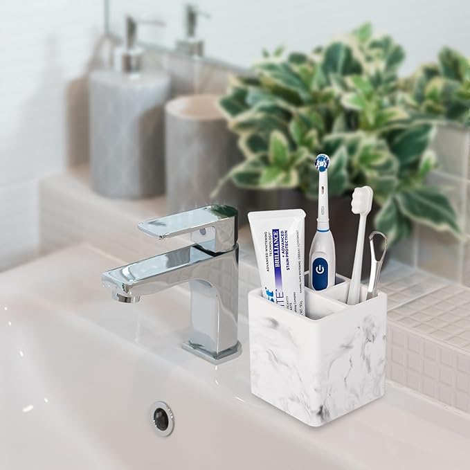 Diatomite Toothbrush Holders for Bathrooms, Electric Toothbrush and Toothpaste Holder 3 Slots Tooth Brush Organizer for Bathroom Countertop, Shower, Vanity, 2 Pack, Marble White