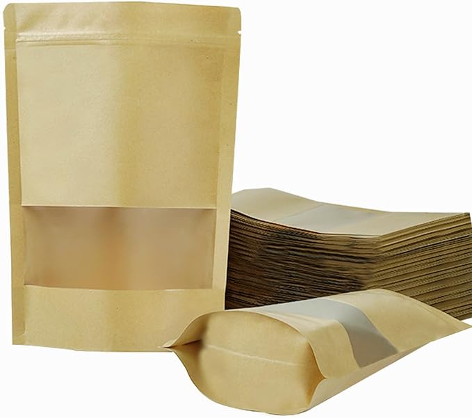 100 PCS Resealable Bags, Stand Up Kraft Paper Bags with Matte Window, Zipper Lock Food Storage Bags for Small Business and Home, 5.51 * 8.66 Inch Reusable Sealable Bags for Packaging