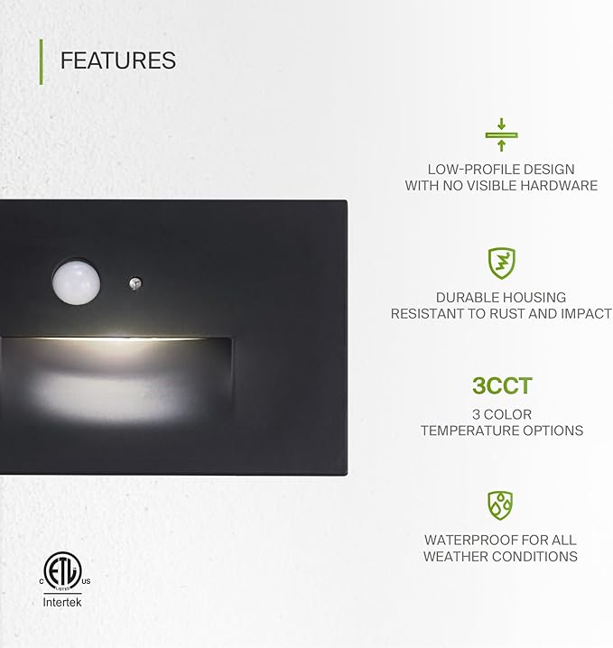 ASD LED Recessed Step Light Fixture, Dusk To Dawn Outdoor Tread Lighting | 3CCT, Motion Sensor, Photocell, Waterproof, ETL Listed | 3W 120LM 3000K-5000K 120V | Staircase Hardwired Illumination | Black