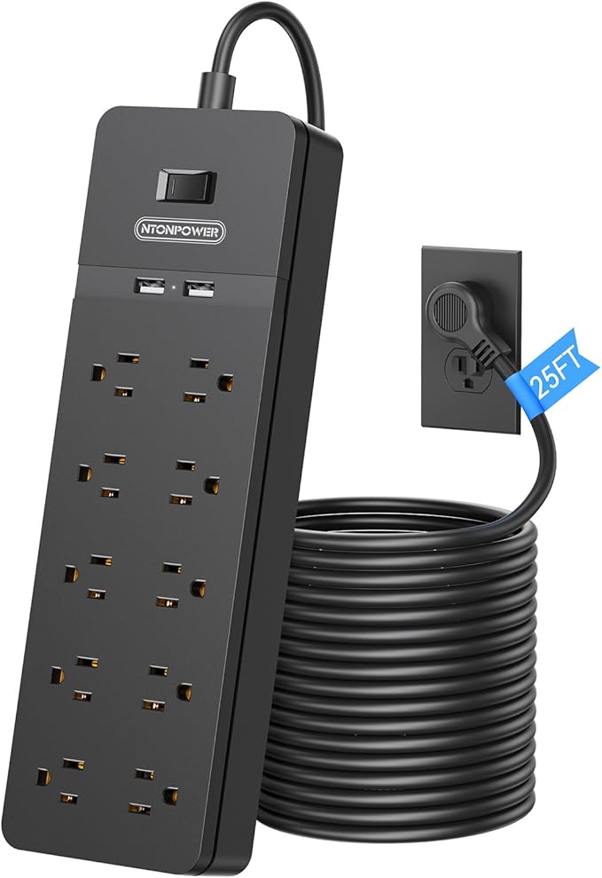 NTONPOWER 25 Ft Extension Cord ETL, 2100J Surge Protector Power Strip, 1875W/15A Overload Protection, 10 Outlets with 2 USB Ports, Wall Mountable for Workbench, Home, Office or Garage, Black