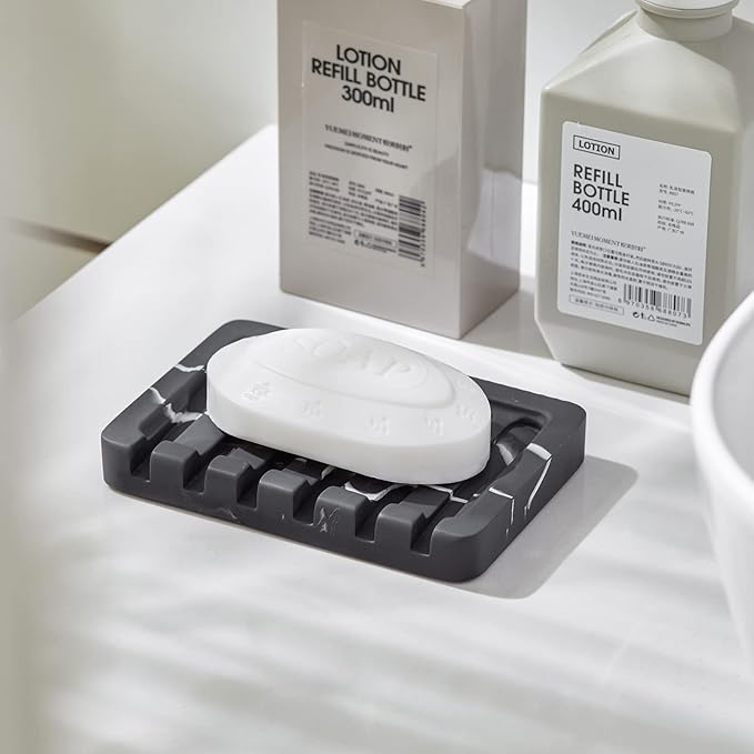 Self Draining Soap Dish - Marble Look Soap Holder Tray Savers Box Container Sponge Holder for Bathroom Shower Kitchen, Black