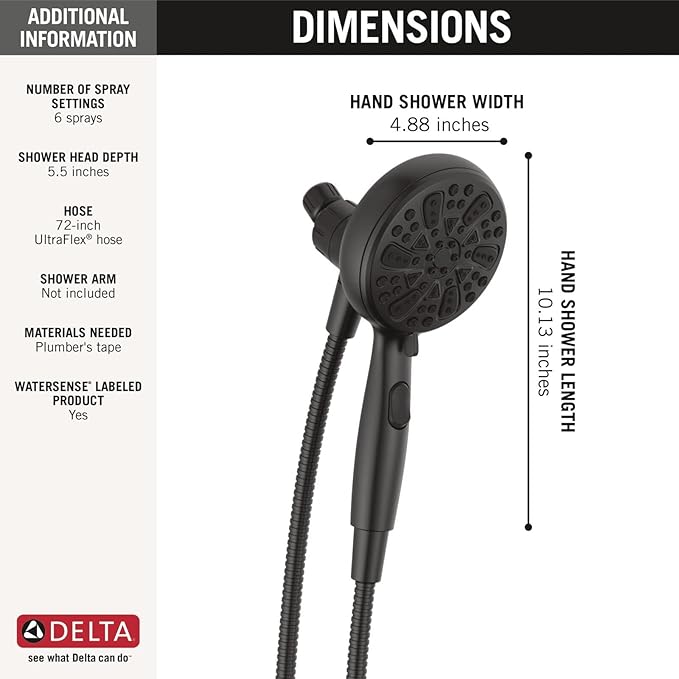 Delta Faucet 6-Spray SureDock Magnetic Shower Head with Handheld Spray, Matte Black Shower Head with Hose, Showerheads & Handheld Showers, MagnaTite Docking, Matte Black 75609BL