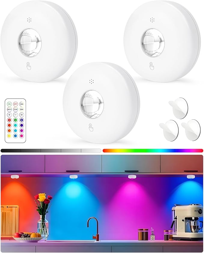 Yiliaw LED Puck Lights with Remote, Magnetic AAA Battery Operated Light, Under Cabinet Lighting, Tap Lights with Dimmer & Timmer for Kitchen, Closet, Shelf - 3 Pack, White