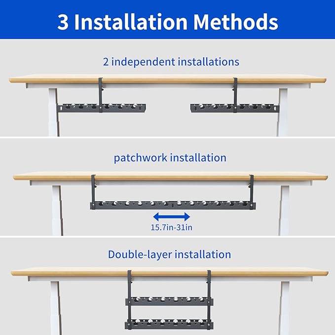 31Inch Extendable Under Desk Cable Management Tray Multi-Model Metal Cable Management Tray Under Desk Cord Management with Clamp Power Strip Cord Holder for Wire Cable Management, Black