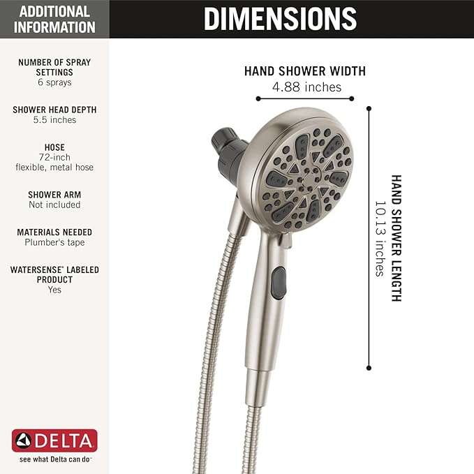 Delta Faucet 6-Spray SureDock Magnetic Shower Head with Handheld Spray, Brushed Nickel Shower Head with Hose, Showerheads & Handheld Showers, MagnaTite Docking, Stainless 75609SN