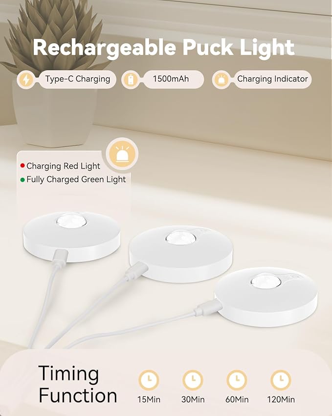 Rechargeable RGB Puck Lights with Remote Control, 1500mAh Battery Operated Push Lights, Dimmable & Timer Under Cabinet Lighting for Closet, Bedroom, Kitchen White 12Pcs