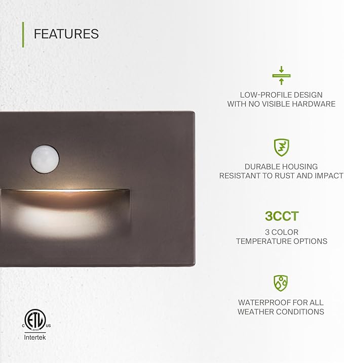 ASD LED Recessed Step Light Fixture, Outdoor & Indoor Stair Tread Lighting | 3CCT, Motion Sensor, Waterproof, ETL Listed | 3W 120LM 3000K-5000K 120V | Staircase Hardwired Illumination | Dark Bronze
