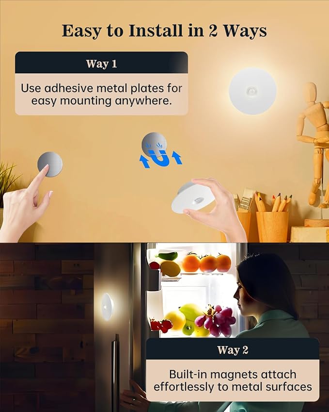 Yiliaw Motion Sensor Night Light, Rechargeable Stair Lights Indoor, Warm White with Wireless Magnetic Mount, Adjustable Brightness & 3 Color Temps for Hallway, Stairway, Bathroom, Closet (2 Pack)