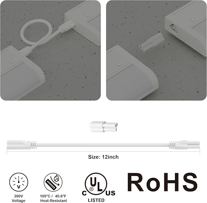 ZAGO 12 Inch LED Hardwired Under Cabinet Lighting Jumper Cable and End-to-End Connector, 300V, Rated Temperature Resistance 105°C, ROHS & UL, White, 4 Packs