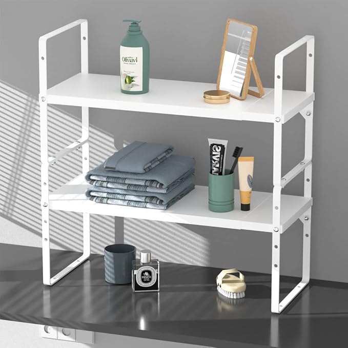 SANNO Expandable Kitchen Shelf Organizers,Cupboard Organizer Rack Space Riser Countertop Kitchen Pantry Cupboard Countertop Shelf Organizers, White, 2 Pack