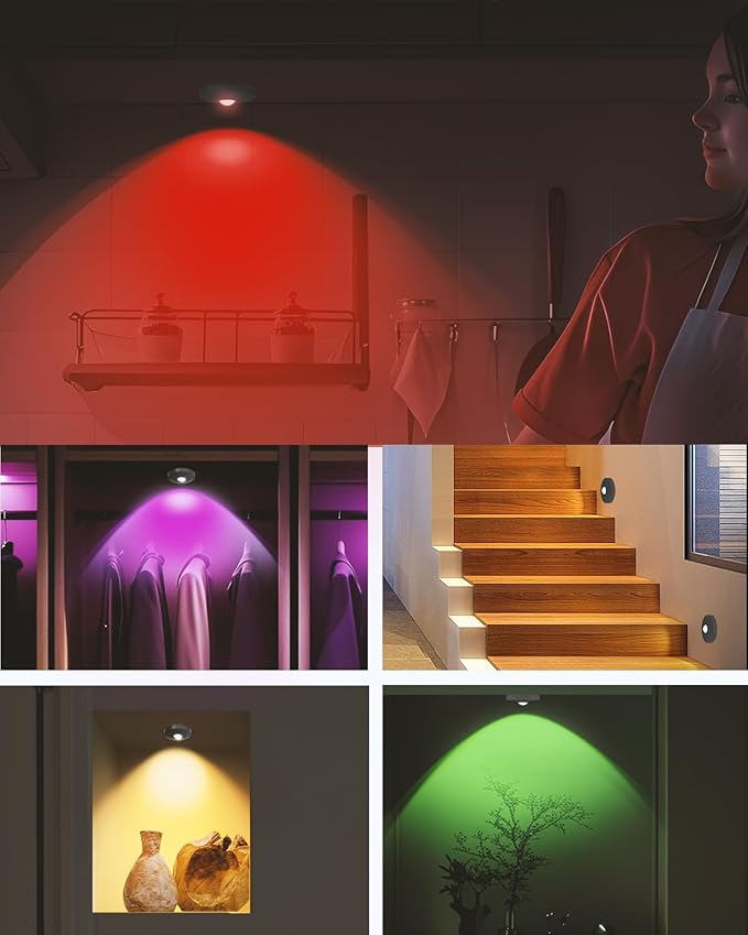 Rechargeable RGB Puck Lights with Remote Control, 1500mAh Battery Operated Push Lights, Dimmable & Timer Under Cabinet Lighting for Closet, Bedroom, Kitchen Black 3Pcs