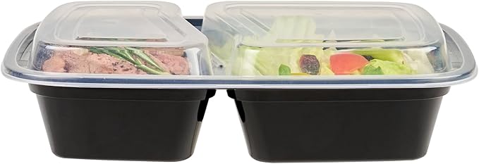 Restaurantware Asporto 32 Ounce Compartment Take Out Boxes, 50 Microwavable Meal Prep Containers - 2 Compartments, With Clear Plastic Lids, Black Plastic Food Containers, Do Not Contain BPA