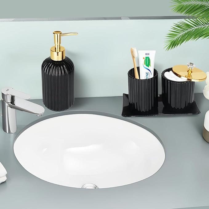 Haturi Bathroom Accessories Set, 4Pcs Black Glass Bathroom Accessories Sets Complete w/Lotion Soap Dispenser, Toothbrush Holder, Apothecary Jar, Vanity Tray, Bathroom Decor, Gift for Home Apartment