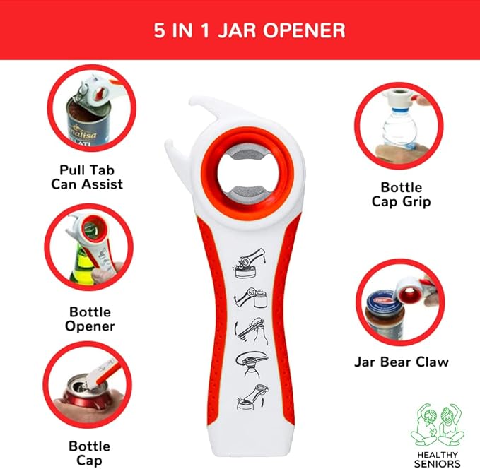 Jar Opener for Weak Hands and Seniors with Arthritis, 5 in 1 Multi Function Bottle Opener Lid Opener For Arthritic Hands with Non Slip Gripper For Opening Jars And Bottles (Red)