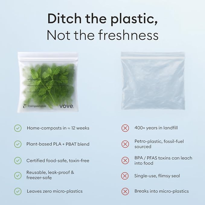 Vove Compostable Sandwich Bags, Medium 30 Count – Freezer Safe, Leak Proof, Non Toxic, Writable Surface for School Lunches & Meal Prep, Eco-Friendly