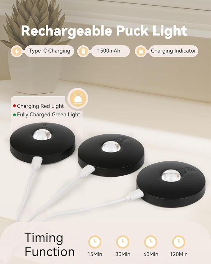 Rechargeable Puck Lights (6Pcs) with Remote, 1500mAh Battery, Dimmer & Timer, Wireless Led Stick on Lights for Bedroom, Kitchen