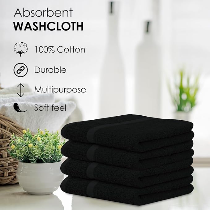 Avalon Towels Cotton Washcloths – (Pack of 36) Size 12x12 Inches, 100% Ring Spun Cotton, Soft & Absorbent Face Towels, Gym Towels, Hotel and Spa Quality, Reusable Fingertip Towels (Black)