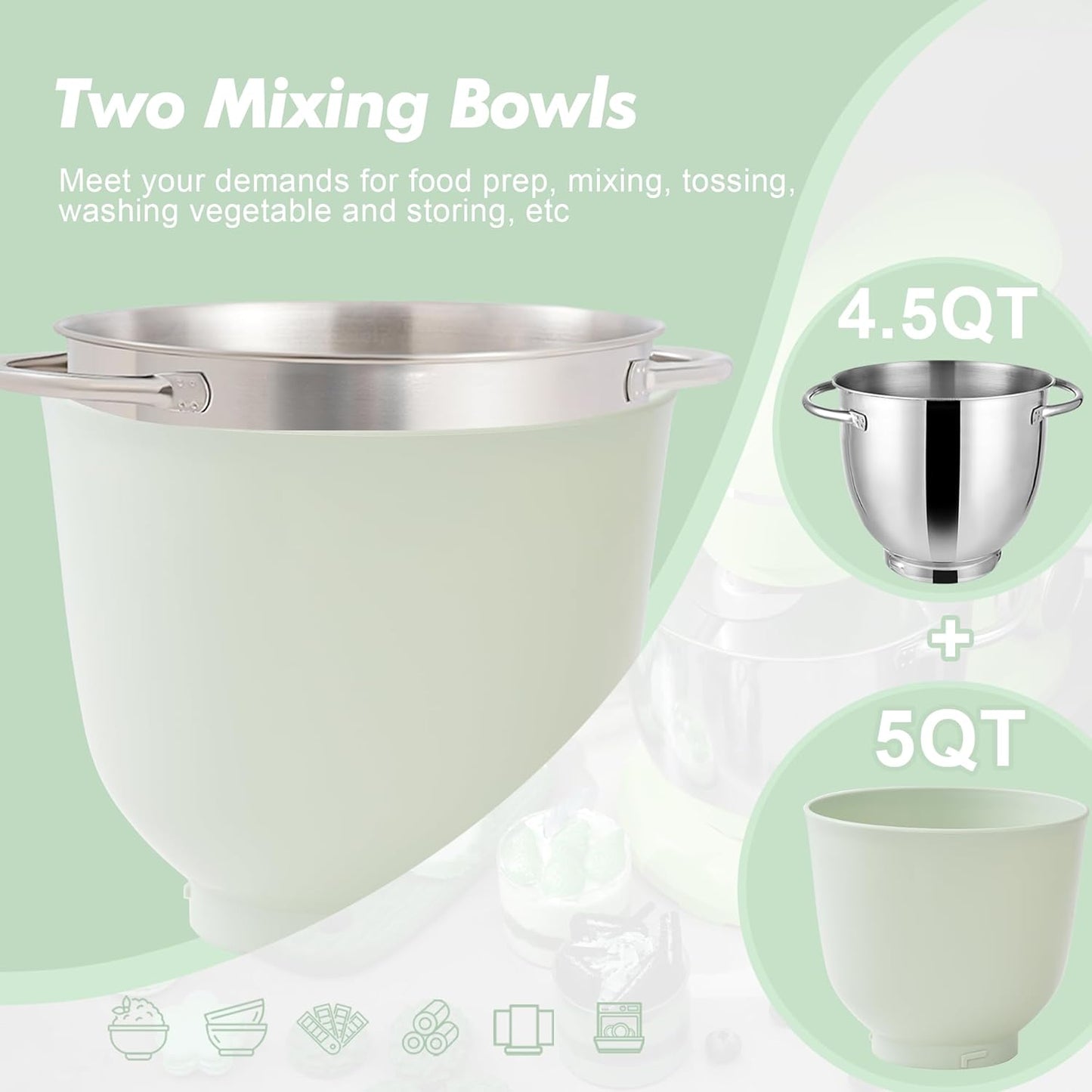Kitchen in the box Stand Mixer, 4.5QT+5QT Two bowls Electric Food Mixer, 10 Speeds 3-IN-1 Kitchen Mixer for Daily Use with Egg Whisk,Dough Hook,Flat Beater (Pastel Green, 5QT)