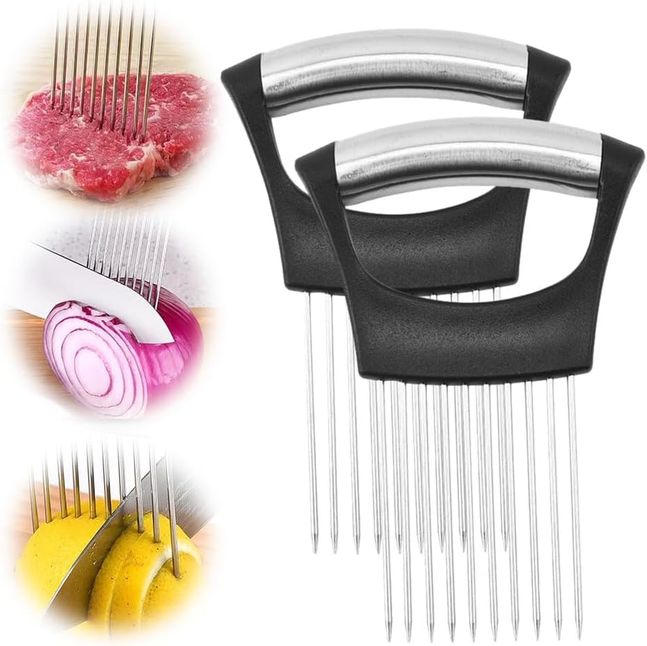 2025 New Onion Holder for Slicing, Stainless Steel Onion Slice Holder Vegetable Slicer Cutter for Potato and Tomato, Kitchen Chopper Slicing Assistant Tool Lemon Slicer Onion Cutter for Slicing (2PCS)