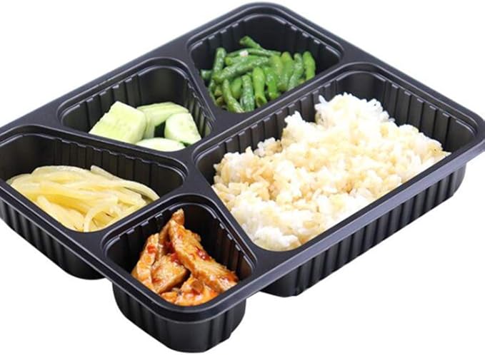 Hemoton 15pcs Disposable Bento Box 5 Compartment Meal Prep Container with Lid Microwave Heating Food Box for Home Restaurant (Black)
