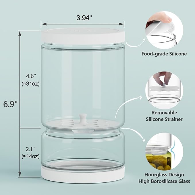 Glass Pickle Container with Strainer for Pickle Lover - 45OZ Leakproof Juice Separator Jar for Gherkin, Olive or Chilli, Dishwasher and Refrigerator Safe, BPA Free (White, 45 oz*2 pcs)