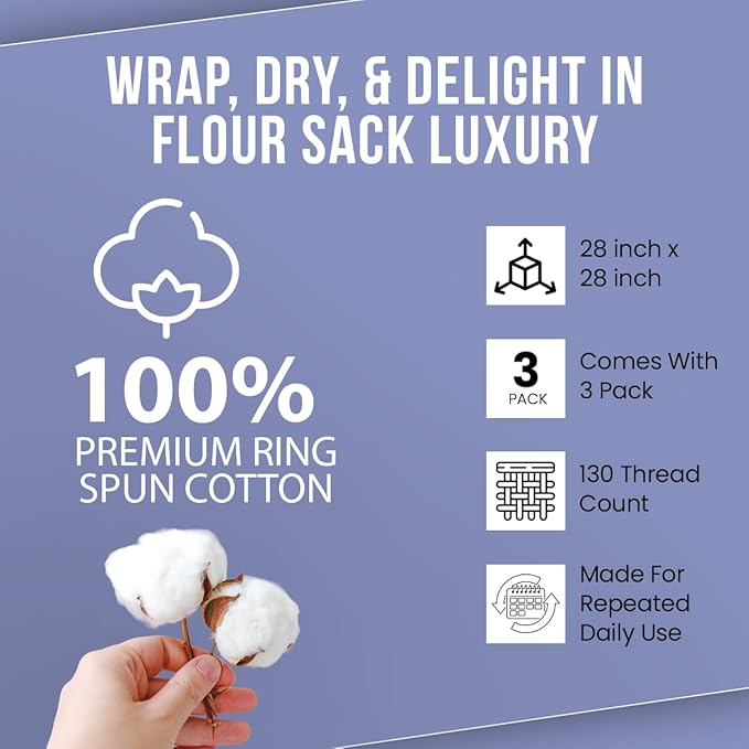WHITEWRAP Flour Sack Towels| Tea Towel for Crafts| Kitchen Dish Cotton Blank Towel for Embroidery|Baking Bread Proofing Linen Cover| Thick Absorbent Quick Dry| 3 Pack 28"x28" Natural