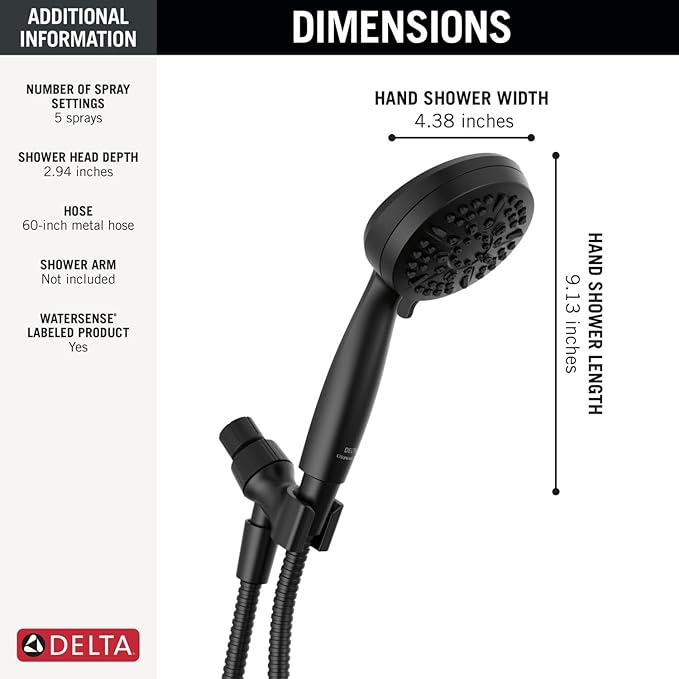 Delta Faucet 5-Spray Handheld Shower Head, Black Shower Head with Hose, Showerheads & Handheld Showers, Handheld Shower Heads, Detachable Shower Head, Hand Shower 1.75 GPM, Matte Black 75511BL