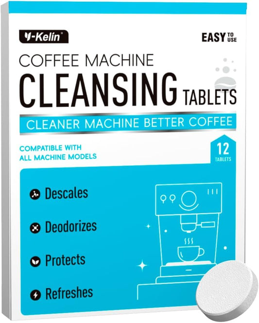 Y-Kelin Coffee Maker Cleaner And Descaler Tablets - 12Count Descaling & Cleaning Solution for Coffee Makers, Pot, Espresso Machines Removes Stains & Oils