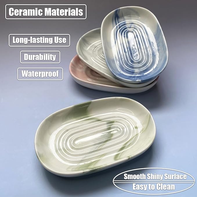 Soap Dish Ceramic, Decorative Ceramic Soap Holder with Unique Marble Textures, Bar Soap Holder for Shower, Bathroom, Kitchen, Tubs, Sink, Hotels, Counters (Blue Texture)