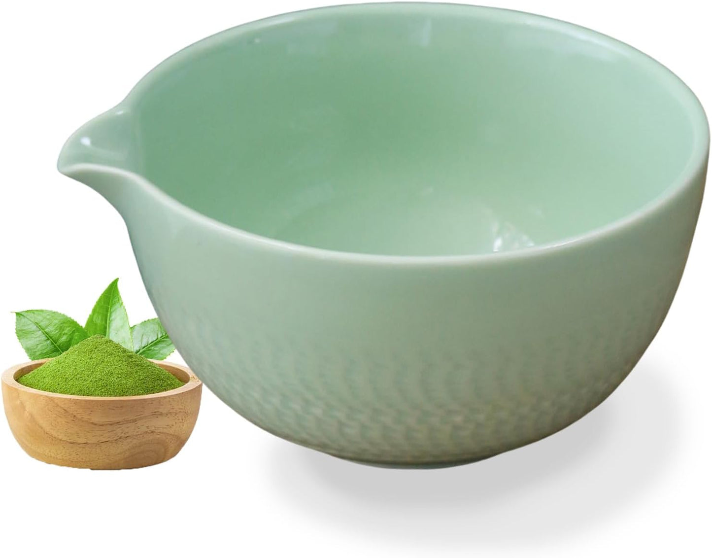 Ceramic Japanese Style Matcha Bowl Whisk Holder Temperature Resistant Braid Textured Matcha Tea Bowl Set With Spout for Trip (Light Green)