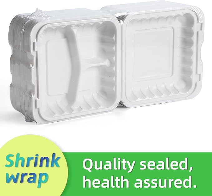 Takeout Container Mineral Filled PP Plastic - 55 Pack 8 Inch 34oz | Shrink Wrap BPA Free Food Container | Freezer & Microwave Safe for Food Delivery | White 3 Compartment Disposable Lunch Boxes
