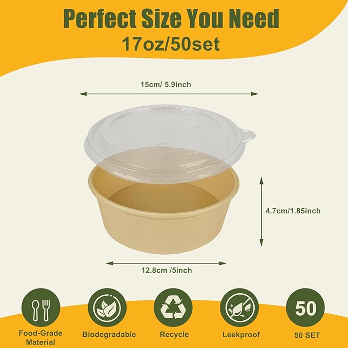 50 Pack Disposable Salad Bowls with Lids, 17oz Round Microwave-Safe Meal Prep Containers for Food Storage, BPA-Free Leakproof Heavy Duty Paper Bowls, Perfect for Parties, Picnics, Takeout