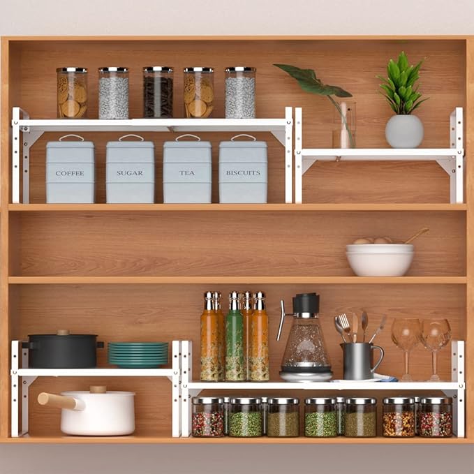 SANNO Expandable Kitchen Shelf Organizers,Cupboard Organizer Rack Space Riser Countertop Kitchen Pantry Cupboard Countertop Shelf Organizers, White, 2 Pack