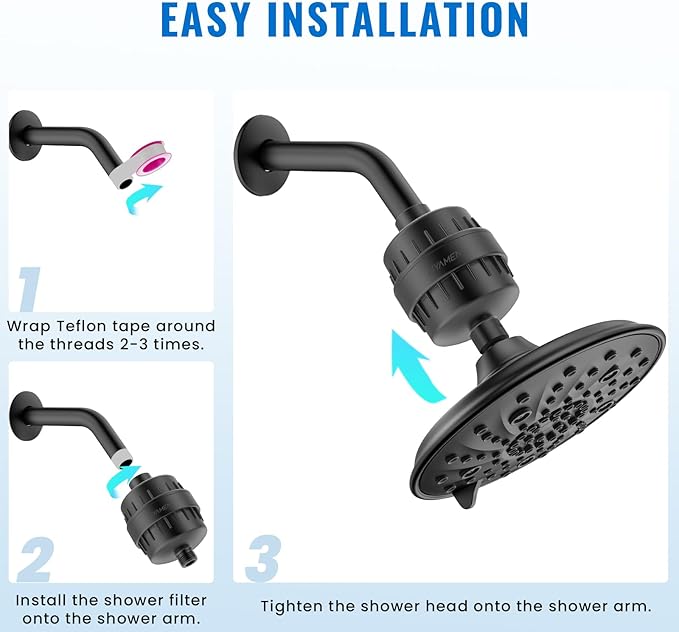 Ryamen Heavy Duty Shower Filter, Shower Water Filter, 99% REMOVAL Shower Head Filter for Hard Water, Heavy Metals, Chlorine, Enhanced Water Filtration for Healthier Skin and Hair (Black)
