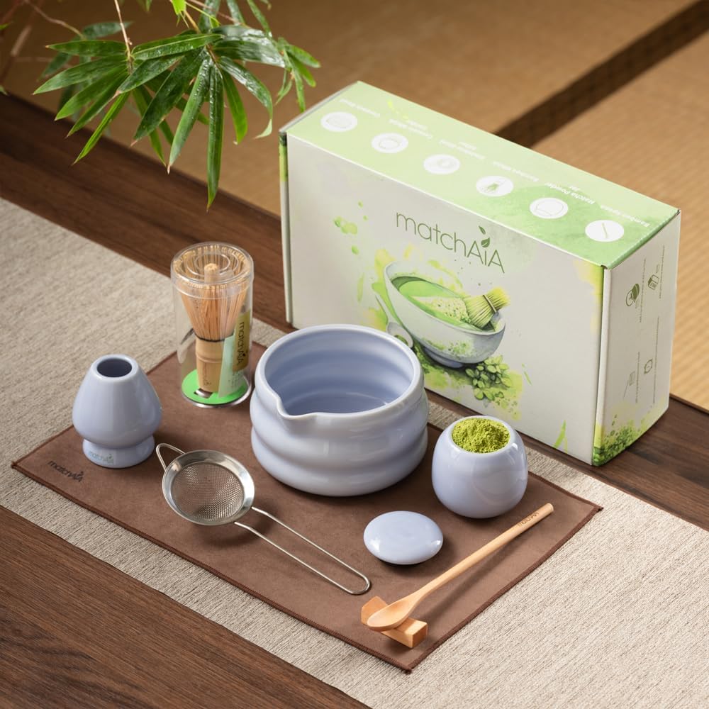 Matcha Whisk Set 8 Pcs - Ceramic Bowl, Bamboo Whisk with Holder, Canister, Sifter, Schima Spoon, Spoon Rest and Tea Towel, Complete Kit for Traditional Matcha and Modern Lattes (Purple)