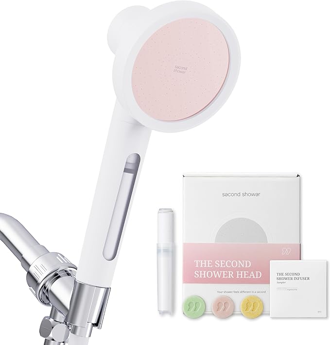 SecondShower Hand Clinically Proven Filtered Shower Head for Skin Health, High Pressure Handheld with NSF Certified Filtration for Hard Water, Natural Vitamin C Shower Filter (Blossom Pink)