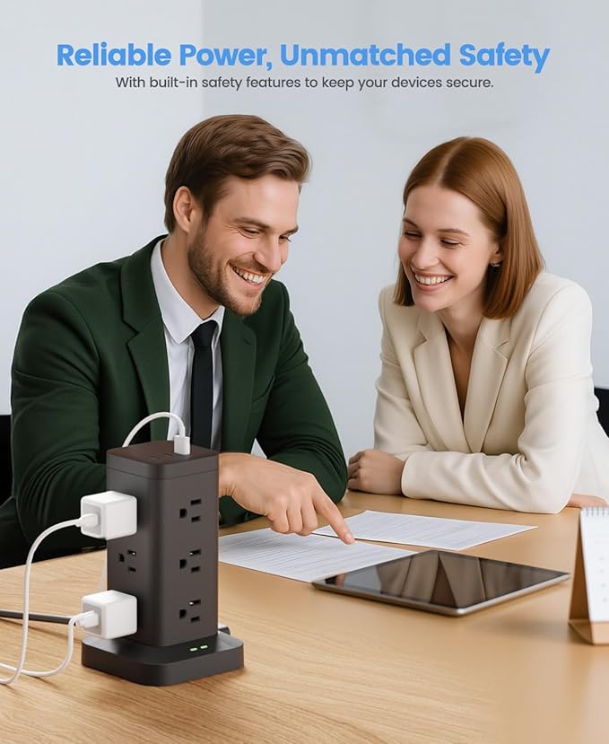 15-in-1 Power Strip Tower with Surge Protector 1800J, Fast Charging Tower PD20W USB-C Ports with 12 AC Outlets, 6ft Extension Cord for Home Office Dorm Room, Black