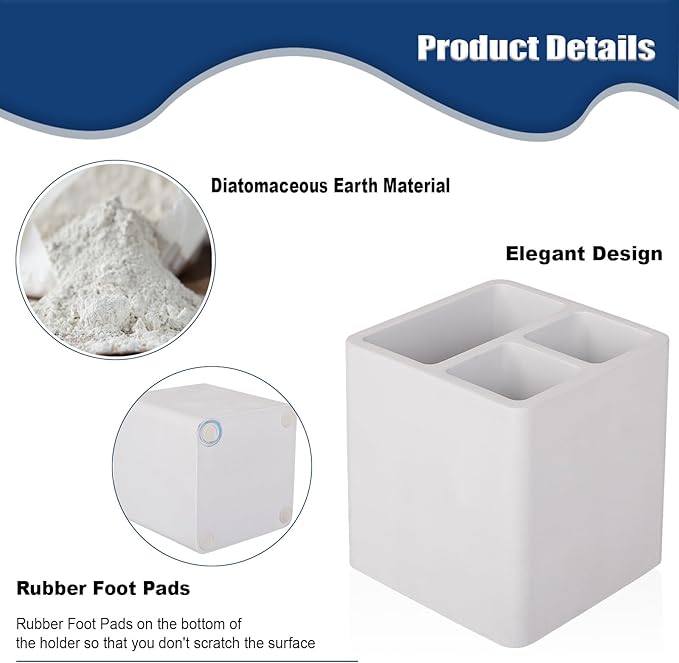 Diatomite Toothbrush Holders for Bathrooms, Electric Toothbrush and Toothpaste Holder 3 Slots Tooth Brush Organizer for Bathroom Countertop, Shower, Vanity - Greyish White