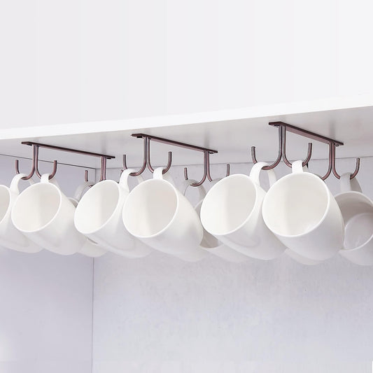 Mug Rack Under Cabinet - Coffee Cup Holder, 12 Mugs Hooks Under Shelf, Display Hanging Cups Drying Hook for Bar Kitchen Utensils Brown